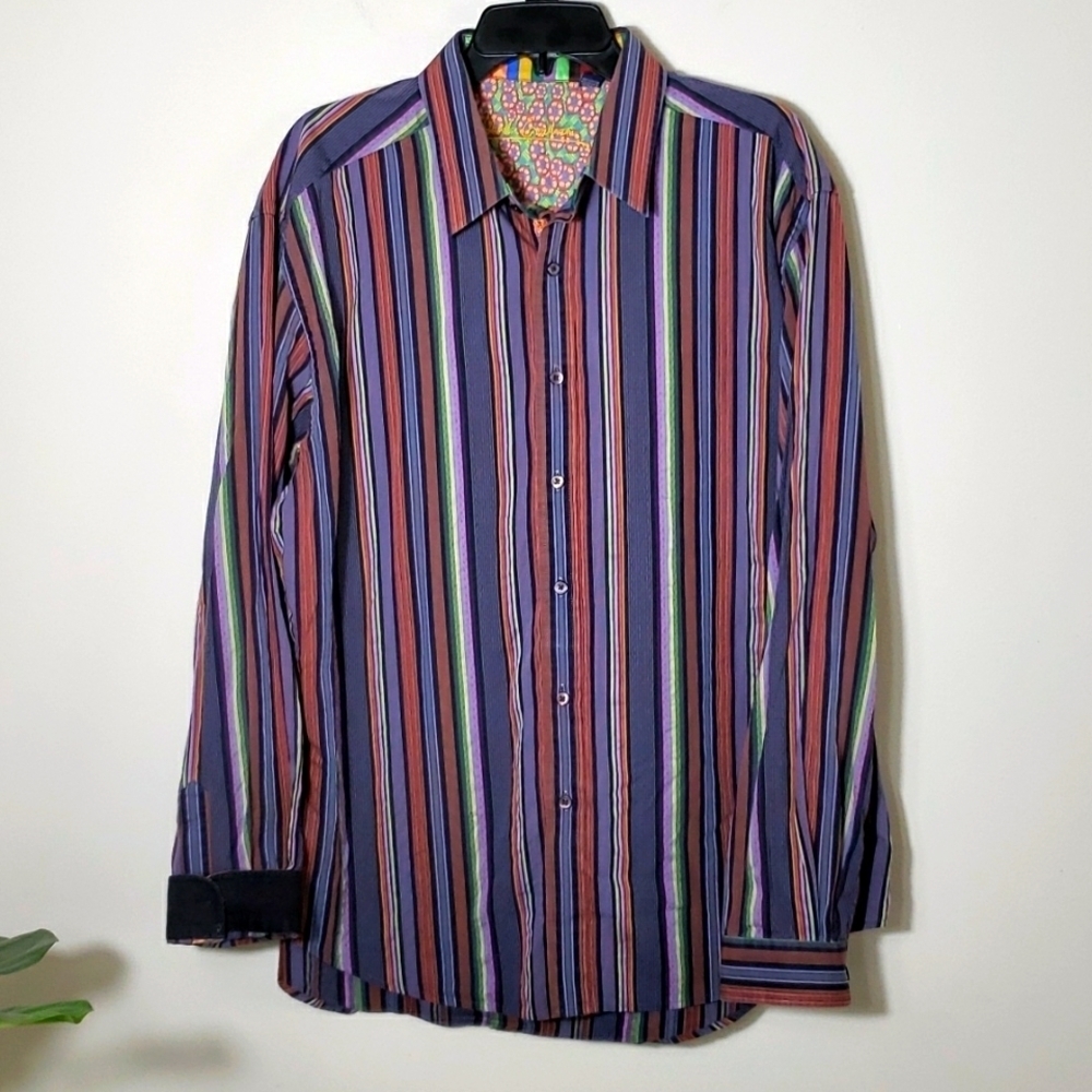 Robert Graham multicolor stripe button down shirt, collared, men's size 2XL